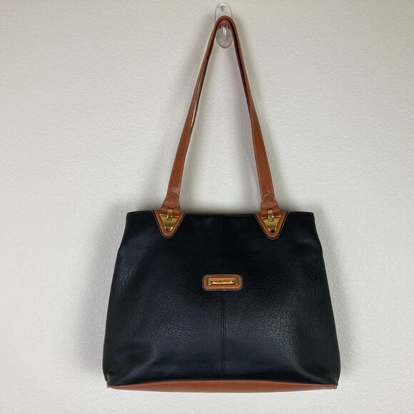 CAPEZIO Faux Leather Shoulder Bag Black with Brown and Gold Tone Hardware - Picture 1 of 14